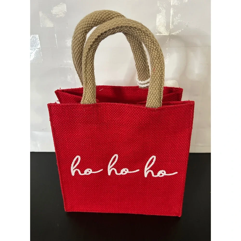 Mini Tote Bag Christmas Red Burlap Ho Ho Ho Embroidery Pom Poms Lacy's Designs